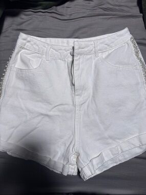 High-Waist White Pearl-Trim Women’s Shorts